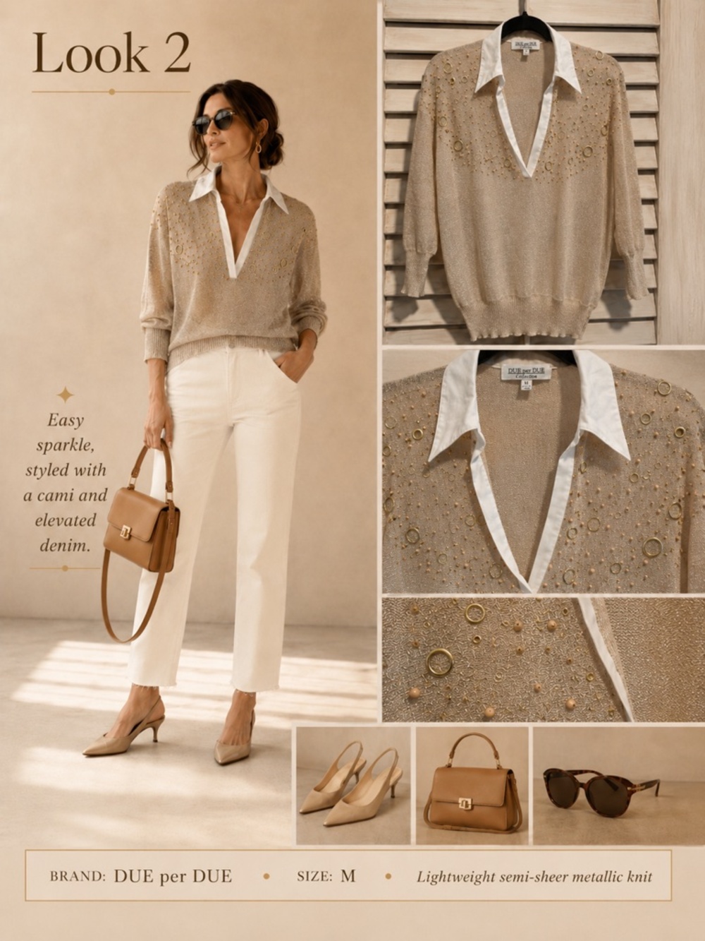 Due per Due - Lightweight Gold Metallic Sweater with Collar Detail - SzS - Picture 3 of 13